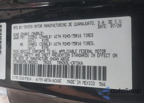 2020 Toyota Tacoma Sr z USA, uszkodzony, nr VIN 3TYRX5GN5LT002821